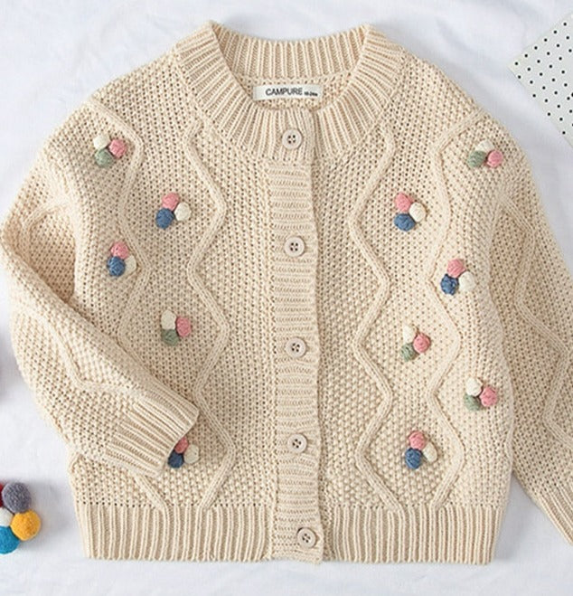 Beige Pom Pom Flower Cardigan - This Big World